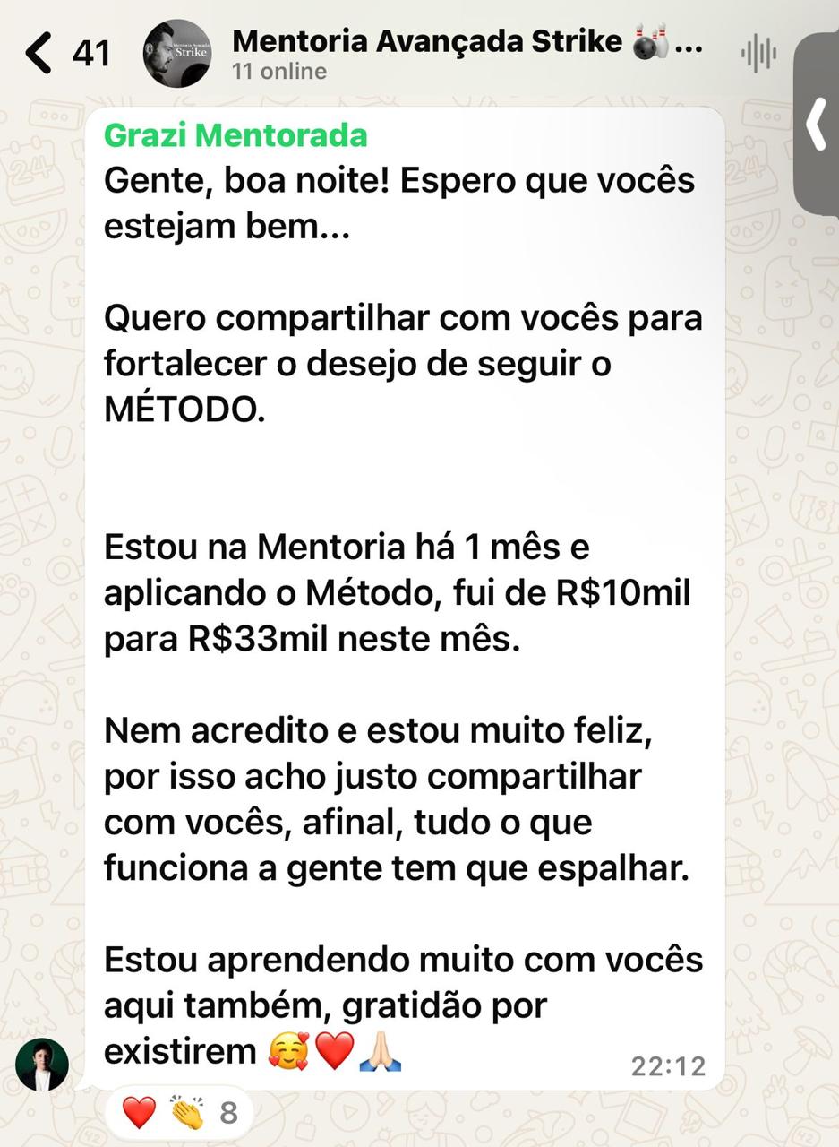 Resultado real de aluna do Método Strike · de R$10 mil para R$33 mil no mês